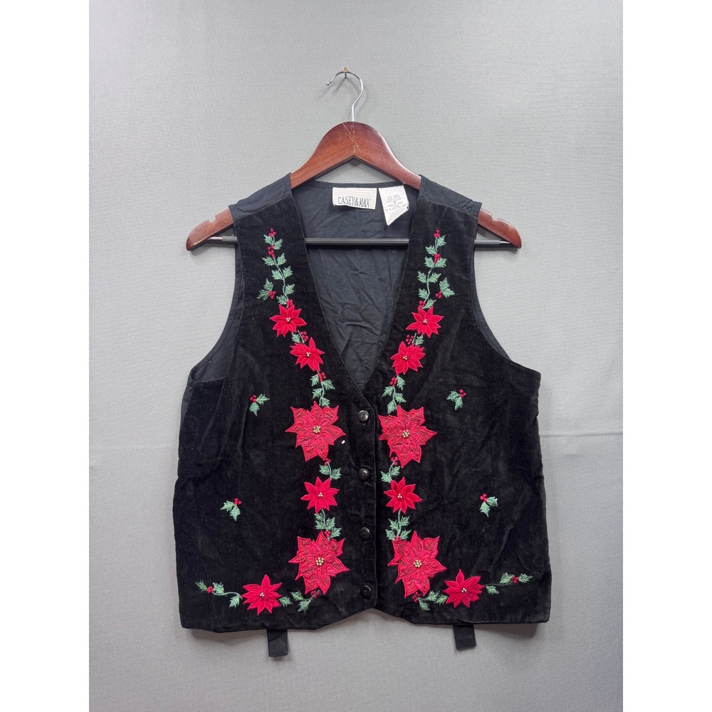 Casey & Max‎ Womens Black Cotton Embroidered Poinsettia Christmas Vest Medium